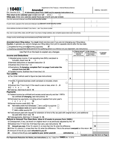 Fillable Form 1040x Amended Us Individual Income Tax Return