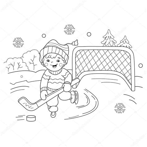 Coloring Page Outline Of Cartoon Boy Playing Hockey Winter Sports