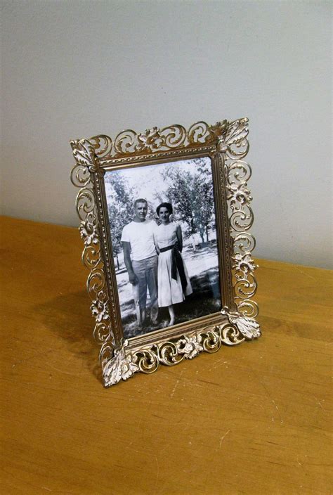 Vintage 5 X 7 Picture Frame White Washed Gold Filigree Ornate Frame