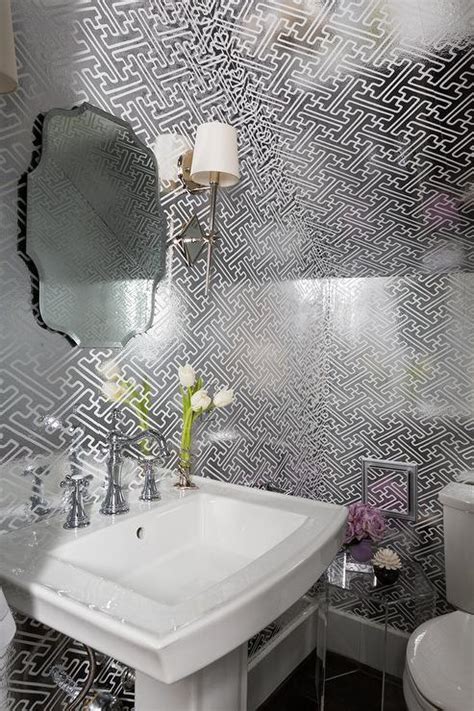 Silver Metallic Wallpaper Contemporary Bathroom