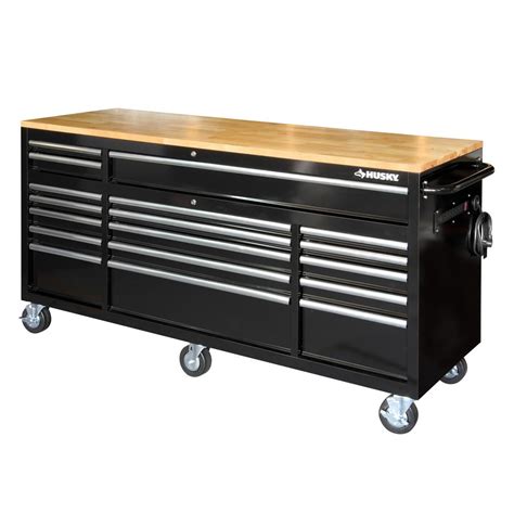 Husky 72 In 18 Drawer Mobile Workbench With Solid Wood Top Black