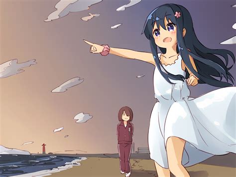 Safebooru 2girls Arms Behind Back Beach Black Hair Brown Hair Clouds Commentary Dress Dusk