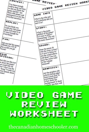 Video Game Review Worksheet