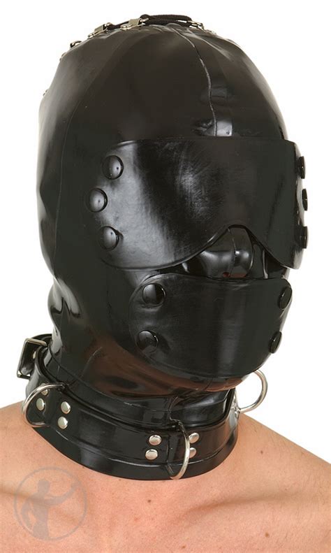 Rubber Hood Blindfold And Mouth Cover Lace Up Back