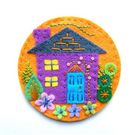 Home Sweet Home Felt Brooch Pin With Freeform Embroidery Felt Brooch
