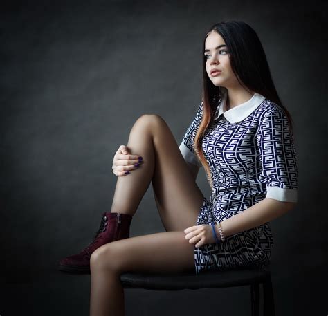 Wallpaper Women Legs Simple Background Sitting Model Dark Hair