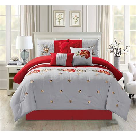 Empire Home Oversized Gray And Red 7 Piece Floral Embroidered Bedding Comforter Set With 21068