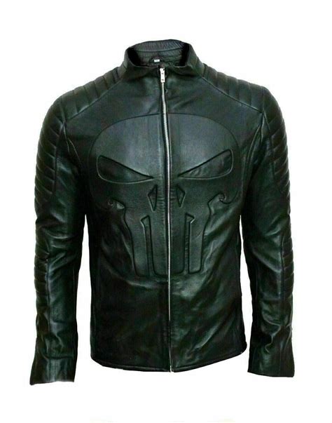 Mens Black Punisher Skull Moto Racing Style Leather Jacket Ebay