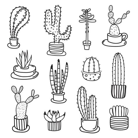 Hand Drawn Cactus Vector Set Cactus Clipart Set Doodle Art Etsy
