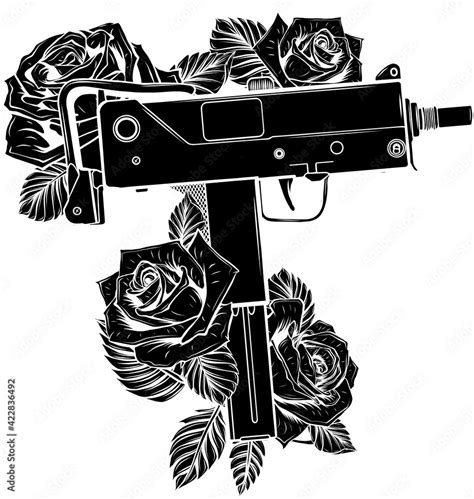 Black Silhouette Of Weapont Uzi With Roses Vector Illustration Stock