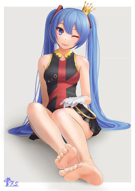 Safebooru 1girl Bare Legs Bare Shoulders Barefoot Blue Eyes Blue Hair Crown Feet Fs Gloves