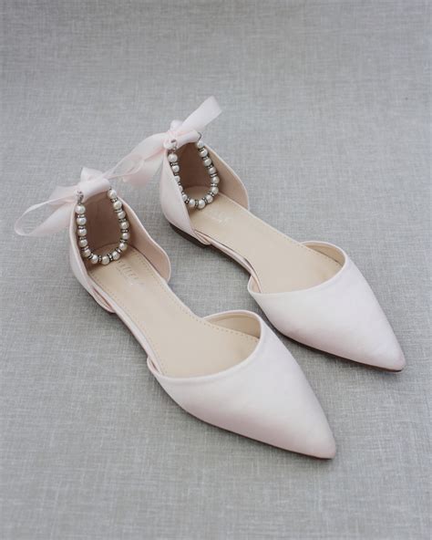 Dusty Pink Satin Pointy Toe Flats With Pearls Ankle Strap Etsy