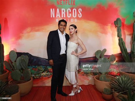 Tessa Ia And Tenoch Huerta Pose During Netflix Narcos Cocktail Party