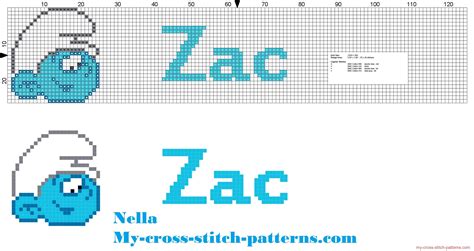 Links preceded by a plus sign (+) require free registration (to that particular site, not to cross stitch pattern central) before viewing. Zac name with baby Smurf - free cross stitch patterns ...