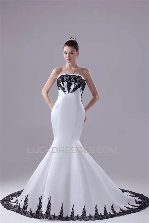 Mermaidtrumpet Satin Lace Black White Wedding Dresses With A Lace