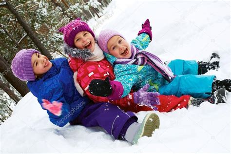 Winter Fun Snow Happy Children Sledding At Winter Time — Stock Image
