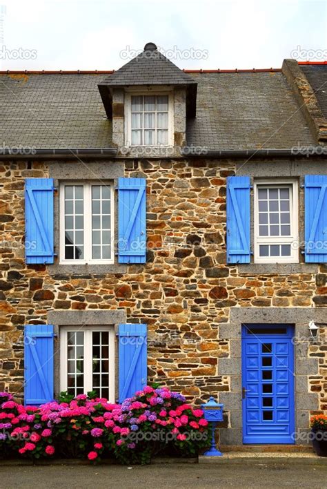 Typical Country House With Blue Shutters In Brittany France Blue