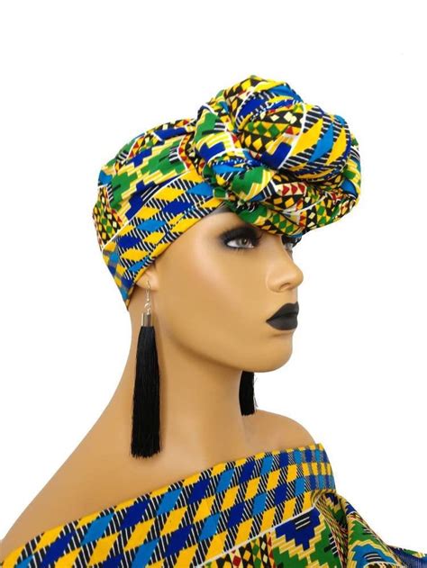 African Head Wraps For Women In Blue And Green Kente Fabric Plus Size
