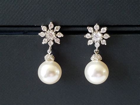 Pearl Drop Bridal Earrings Swarovski Mm White Pearl Earrings