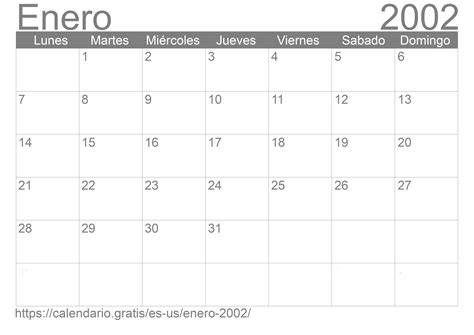 Calendario Enero 2002 De Estados Unidos De América En Español ☑️
