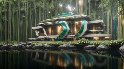 Illustration Of A Sci Fi Futuristic Cyberpunk House In The Bamboo