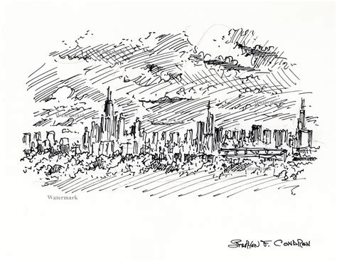 Chicago Skyline 258z Pen And Ink Sunset Drawing Condren Galleries