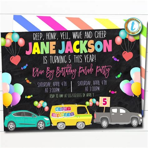 Drive By Birthday Parade Invitation Diy Editable Template Birthday