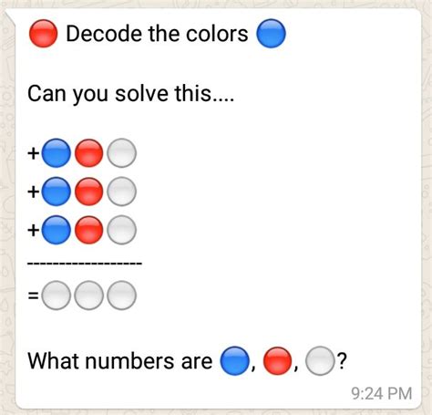 Here we have a nice big collection of whatsapp puzzles with answers for you. Decode the colors | Whatsapp Puzzle