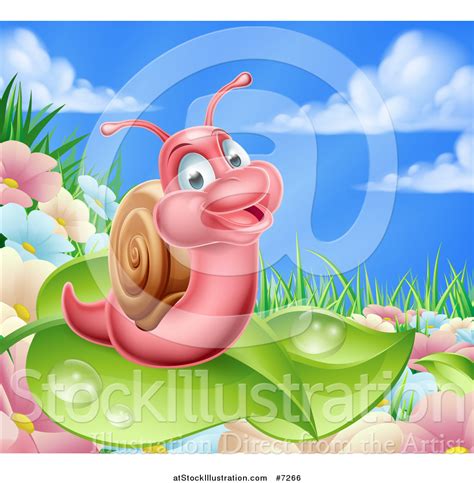 Vector Illustration Of A Cartoon Happy Pink Snail On A Leaf Over