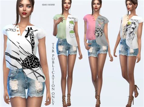 The Sims Resource Tropics Asymmetrical T Shirt By Sims House • Sims 4