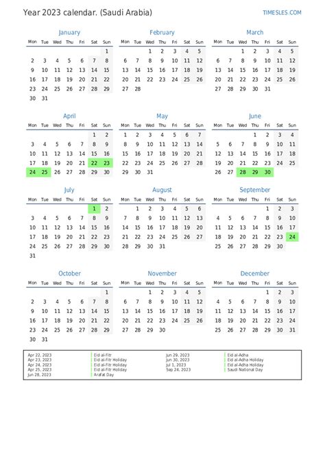 Calendar For 2023 With Holidays In Saudi Arabia Print And Download