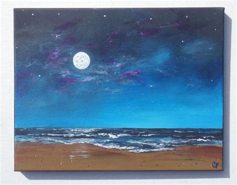 Night Sky Painting Full Moon Ocean Seascape With Stars