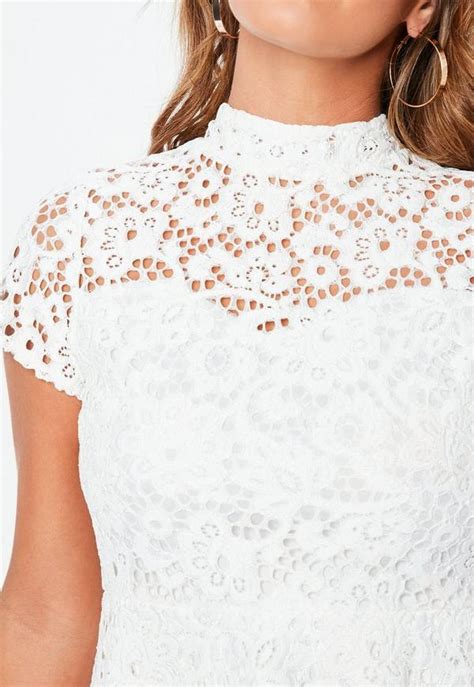 High neck white dress with sleeves. Petite White Short Sleeve Lace High Neck Dress | Missguided