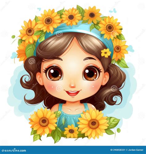 Cartoon Girl With Sunflowers On Her Head Stock Illustration