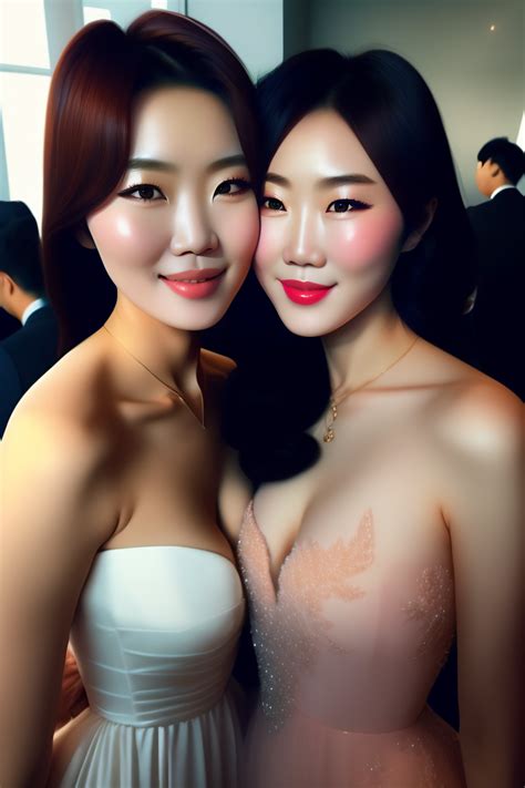 Lexica - Two beautiful Korean women kissing, full-length photo