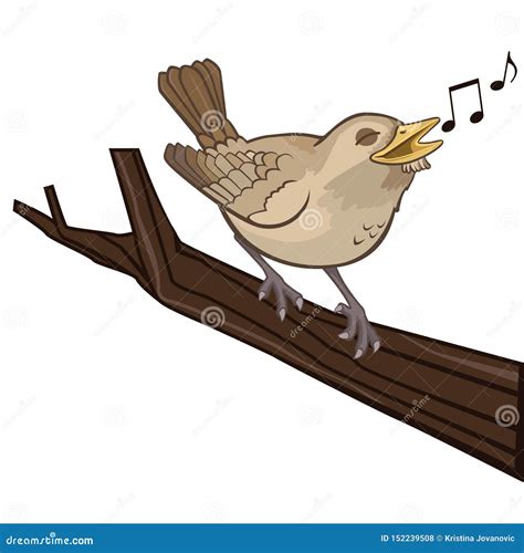 Nightingale Singing On A Branch With Flowers Cartoon Vector
