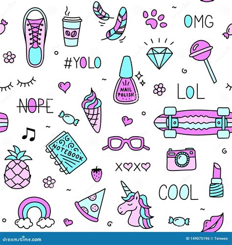 Cool Teenager Girl Stuff And Words Seamless Pattern Drawing Stock