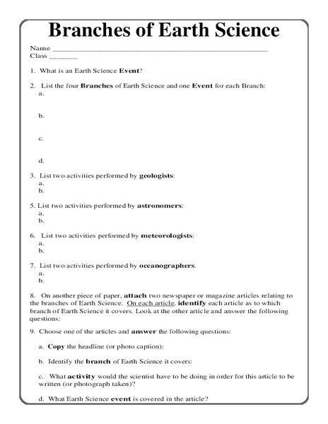 Branches Of Earth Science Worksheet For 5th 10th Grade Lesson Planet