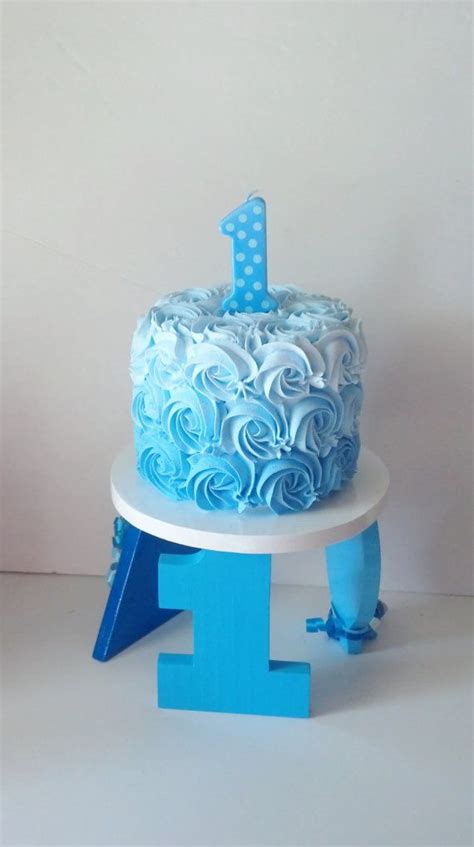 Boys Blue Ombre First Birthday Fake Smash Cake And Wooden Stand Photo