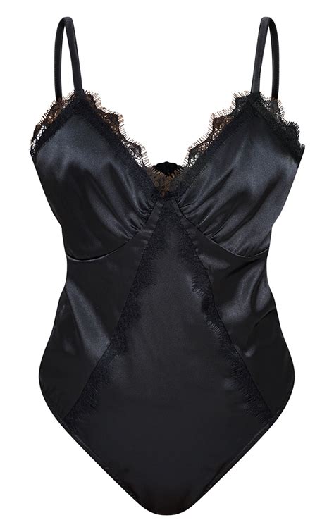 black satin lace trim detail bodysuit tops prettylittlething