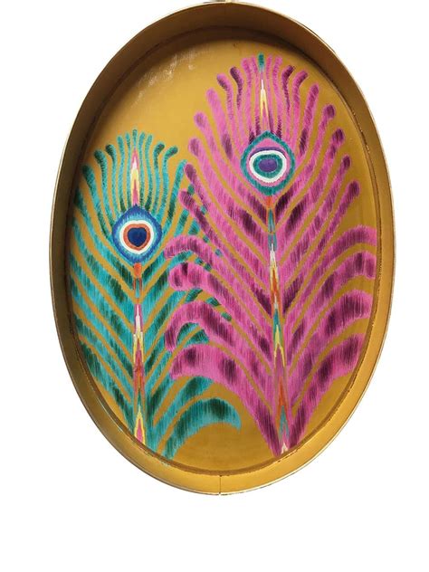 LES OTTOMANS Peacock Feather Oval Tray Yellow Editorialist