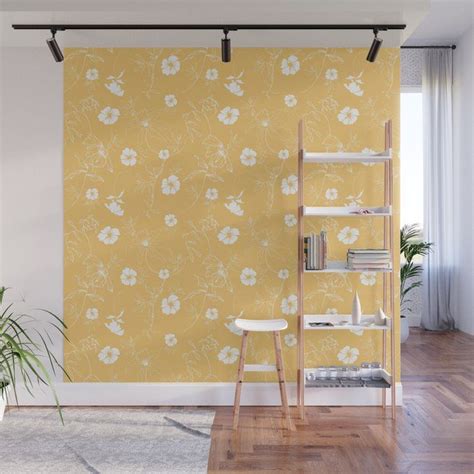 White Flowers On Yellow Background Pattern Wall Mural By Diana Knauer
