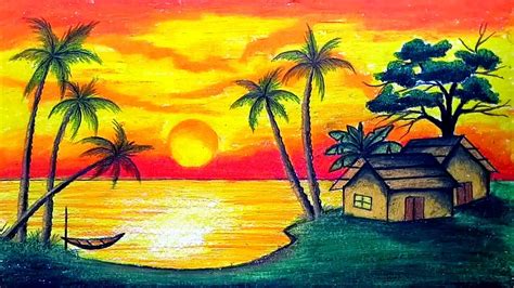So many colorful figures to draw! How to draw Scenery of Sunset with Oil Pastel.Step by step ...