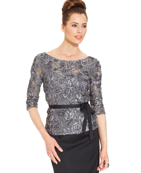 Lyst Alex Evenings Three Quarter Sleeve Sequined Lace Top In Metallic