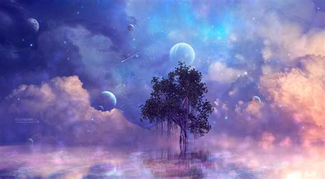 Planet Cloud Tree Artistic 1080p Stars Starry Sky Blue Fantasy