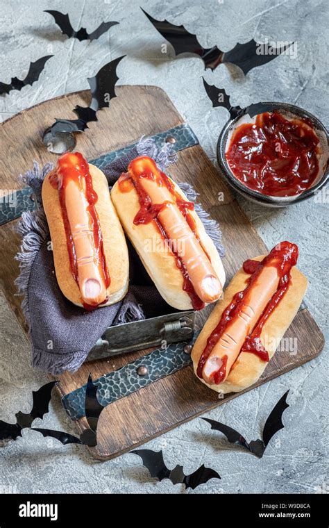 Creepy Halloween Hot Dogs Look Like A Bloody Fingers Stock Photo Alamy