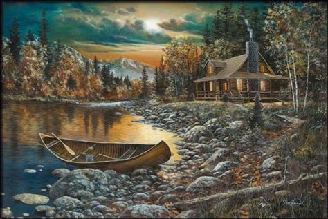A Painting Of A Boat In The Water Next To A Log Cabin At Night Time