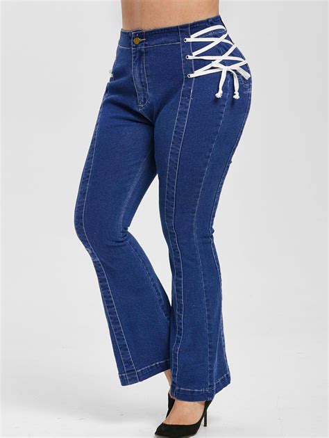 Plus Size Lace Up Bell Bottom Jeans 30 Off Rosegal