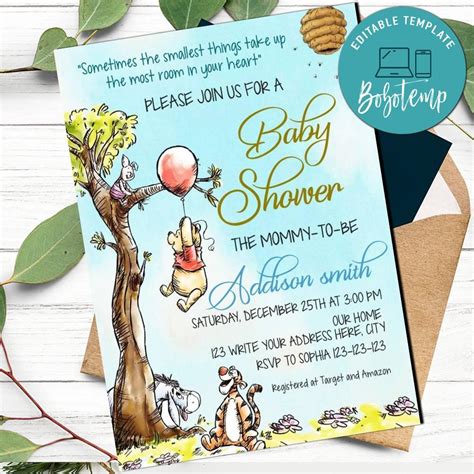 Winnie The Pooh Invitation Customizable Template Instant Download