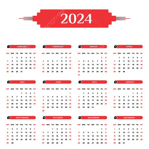 2024 Yearly Calendar With Red And Black Geometric Shape Calendar